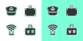 Set Suitcase, Pilot hat, Router and wi-fi signal and icon. Vector