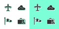 Set Suitcase, Plane, Cone meteorology windsock and Cloud weather icon. Vector