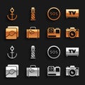 Set Suitcase, Smart Tv, Photo camera, Action extreme, Location with SOS, Anchor and Lighthouse icon. Vector Royalty Free Stock Photo