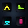 Set Suitcase, Tourist tent, Coffee cup and Hiking boot. Black square button. Vector