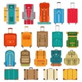 Set of suitcases and backpack icons in flat style