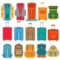 Set of suitcases and backpack icons in flat style