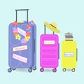 Set of suitcases for traveling with different purposes and directions. Wreath decor, beach hat, stack of books. Vector