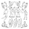 Set of summer activities male figures on white background