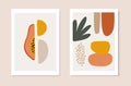 Set of summer artistic greeting cards, invitations. Cut papaya fruit, palm leaf and abstract geometric shapes. Modern