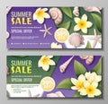 Set of summer banners with plumeria and seashells. Discount coupon, special summer offer. Background, banner with Royalty Free Stock Photo