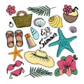 A set of summer beach accessories. Can be used for summer banner, greeting card, flyer, print on fabric, paper.