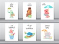 Set of summer beach Animals hand drawn style,cards,poster,template,greeting, cute,animal,Vector illustrations Royalty Free Stock Photo