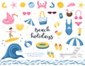 A set of summer beach, decorative elements. Beach bag, flamingo lifebuoy, diving mask, and fins. Seamless border with abstract Royalty Free Stock Photo