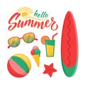 Set of summer beach elements in a flat style with lettering sign hello summer, Surfboard, ice cream, cocktail, beach ball, Royalty Free Stock Photo