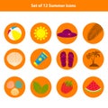 Set of summer, beach flat icons on orange round background. Flat design style. Vector illustration. EPS10 Royalty Free Stock Photo