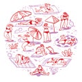 Set with summer beach girls. Doodle cute woman character sunba Royalty Free Stock Photo
