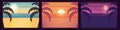 Set of 3 summer beach illustrations. Day, evening, night. Vector posters or backgrounds to put your own text Royalty Free Stock Photo