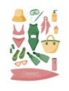 Set of summer beach items for girls in yellow, pink and green. Swimsuits, beach bag, slates, snorkeling mask, sunglasses Royalty Free Stock Photo