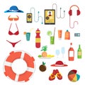 Set of summer beach objects. Summer Holidays. Hat, swimsuit