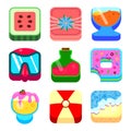 Set of summer and beach square icons with flip flops, food, drinks with snorkel and beach fragment with sea. Flat style. Vector Royalty Free Stock Photo