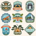 Set of Summer camp badges, patches. Vector. Concept for shirt or logo, print, stamp, patch. Design with camping tent Royalty Free Stock Photo
