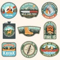Set of Summer camp badges, patches. Vector. Concept for shirt or logo, print, stamp, patch or tee. Design with campfire Royalty Free Stock Photo