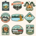 Set of Summer camp badges. Vector. Concept for badge, patch, shirt, logo, print, stamp or tee. Design with fishing bear