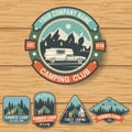 Set of Summer camp badges on the wood board. Vector. Royalty Free Stock Photo