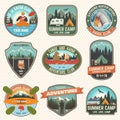 Set of summer camp, canoe and kayak club badges. Vector. Concept for patch. Retro design with camping, mountain, river Royalty Free Stock Photo