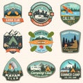 Set of summer camp, canoe and kayak club badges. Vector. Concept for patch. Retro design with camping, mountain, river Royalty Free Stock Photo