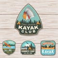 Set of summer camp, canoe and kayak club badges. Vector. Concept for patch. Retro design with camping, mountain, river Royalty Free Stock Photo