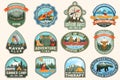 Set of summer camp, canoe and kayak club badges. Vector. Concept for patch. Retro design with camping, mountain, river Royalty Free Stock Photo