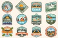 Set of summer camp, canoe and kayak club badges. Vector. Concept for patch. Retro design with camping, mountain, river Royalty Free Stock Photo