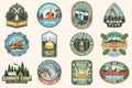 Set of summer camp, canoe and kayak club badges. Vector. Concept for patch. Retro design with camping, mountain, river Royalty Free Stock Photo