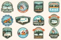 Set of summer camp, canoe and kayak club badges. Vector. For patch. Design with camping, mountain, river, american Royalty Free Stock Photo