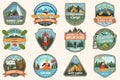 Set of summer camp, canoe and kayak club badges. Vector. For patch. Design with camping, mountain, river, american