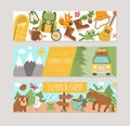 Set of Summer camp horizontal cards with cute forest animals, camping elements and van. Vector trip print templates. Active