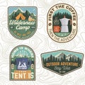 Set of Summer camp patches. Vector. Concept for print, stamp, apparel or tee. Vintage design with lantern, pocket knife Royalty Free Stock Photo