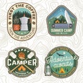 Set of Summer camp patches. Vector. Concept for shirt, stamp, apparel or tee. Vintage design with lantern, pocket knife Royalty Free Stock Photo