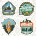 Set of Summer camp patches. Vector. Concept for shirt, stamp, apparel or tee. Vintage design with lantern, pocket knife Royalty Free Stock Photo