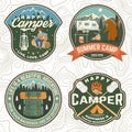 Set of Summer camp patches. Vector. Concept for shirt, stamp, apparel or tee. Vintage design with lantern, pocket knife Royalty Free Stock Photo
