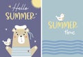 Set of summer cards Hello summer and summer time. Cute bear sailor with seagull. Vector illustration. Cute summer baby