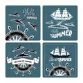 Set of summer cards with silhouettes of dolphins and ships.