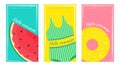 Set of summer cards with watermelon, swimwear and pineapple. Template for post, banner in social networks, stories, advertising