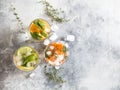 Set summer cold drinks with different citrus in glasses on a gray background. Cocktail with grapefruit, orange, lemon lime, ice an Royalty Free Stock Photo