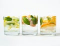 Set summer cold drinks with different citrus and herds in glasses on a white background. Cocktail with grapefruit, orange, lemon Royalty Free Stock Photo