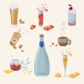 Set of summer cool and strong drinks. Set of fresh, party icons over beige background. Vector colorful drinks. Bar menu