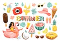 Set of summer cute elements. Swim ring with sunglasses, fruits, camera, ice cream, hat, lemonade etc. Royalty Free Stock Photo