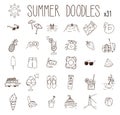 Set of 31 summer drawings. Vector doodle hand drawn icons. Beach, vacations, seasonal food and drink, summer illustratio