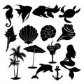 Set of summer elements. Collection of beach silhouettes. Vector illustration for kids. Tattoo.