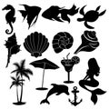 Set of summer elements. Collection of beach silhouettes. Vector illustration for kids. Tattoo.