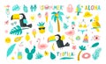 Set of summer elements: palm leaves, tropical flowers, flamingo, toucan, Tropical collection of stickers for summer design,