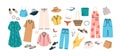 Set of summer fashion clothes vector flat illustration. Collection of trendy clothing for vacation or beach isolated on Royalty Free Stock Photo