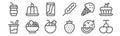 set of 12 summer food and drink icons. outline thin line icons such as cherries, strawberry, fruit salad, ice cream cone, soft Royalty Free Stock Photo